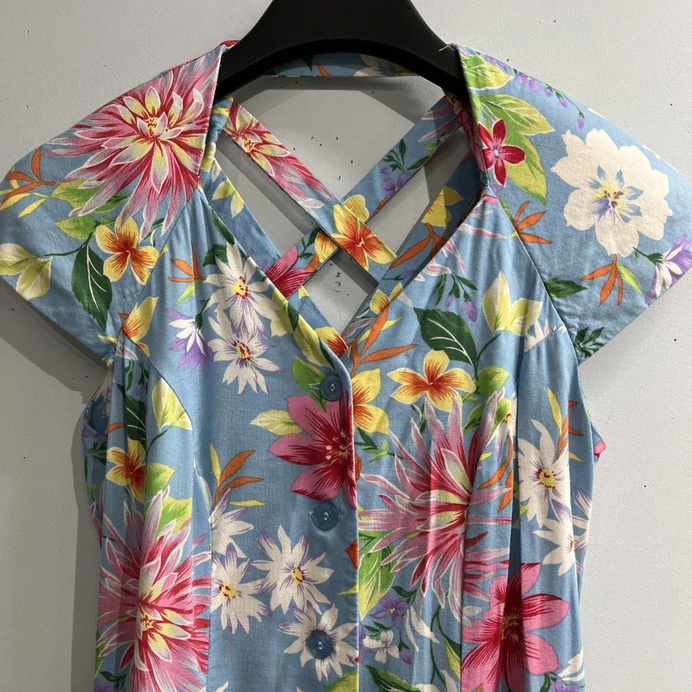 Vintage Scarlett Dress Womens 5/6 Blue Tropical‎ Floral Button Front Maxi Resort